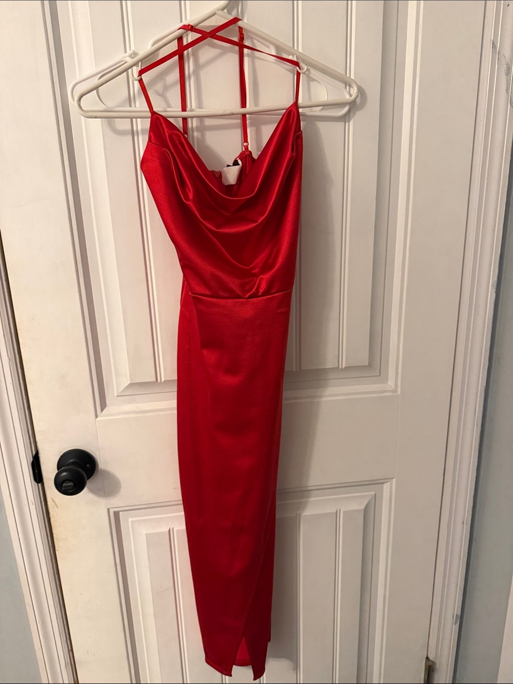 Windsor Red Satin Cowl Maxi Dress with Strappy Back